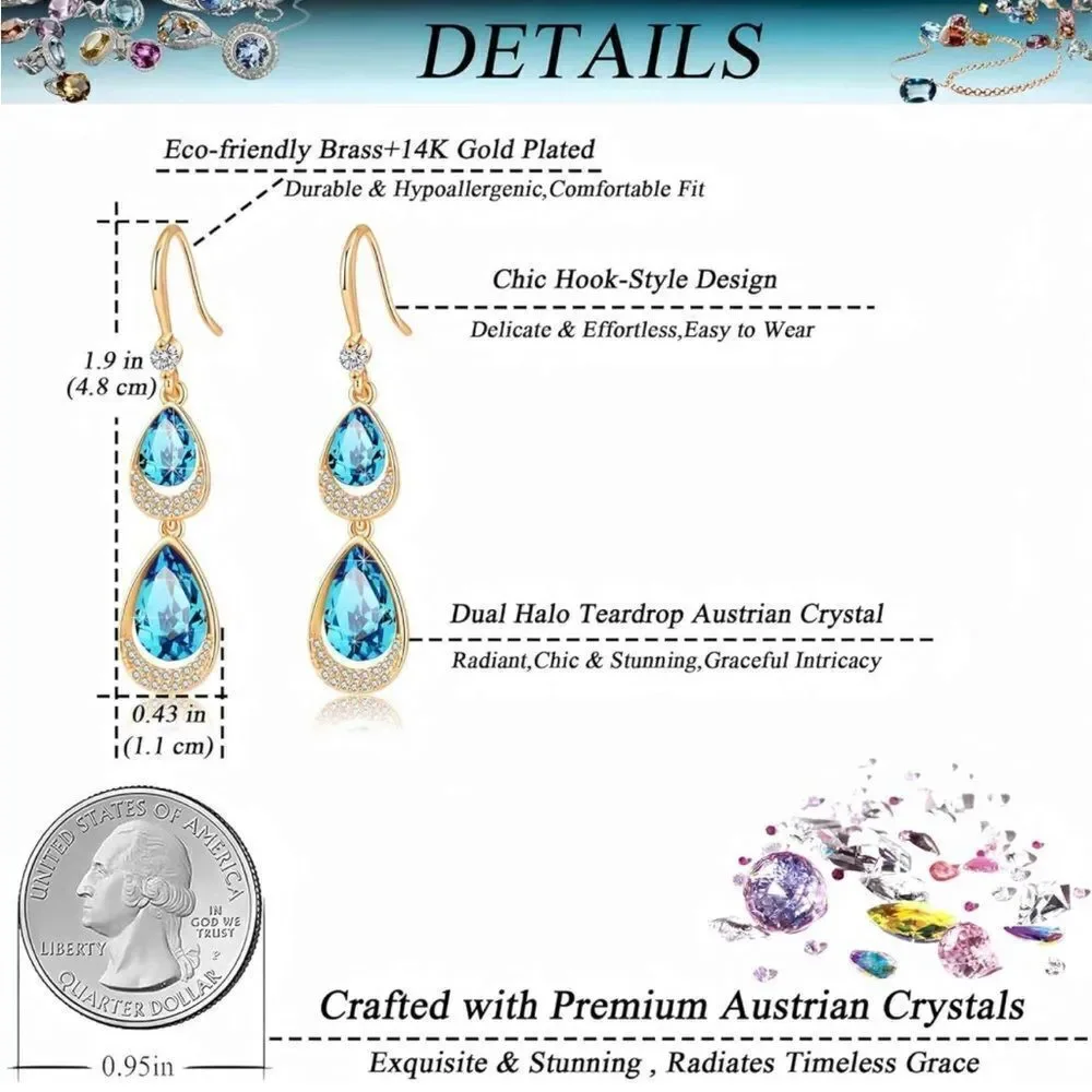 14K Yellow Gold with Bermuda Blue Austrian Crystal Double Teardrop Hook Earrings